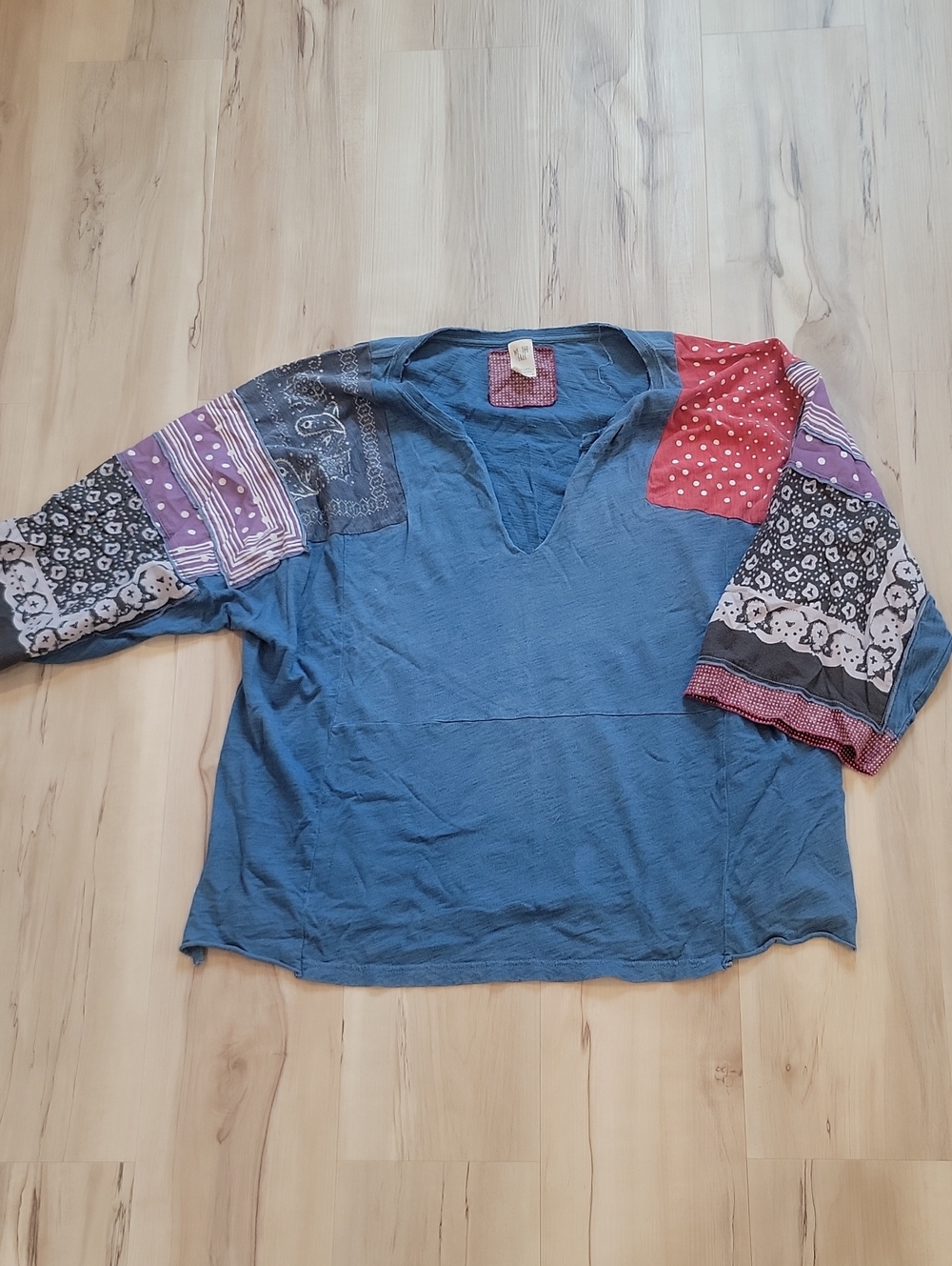 We The Free Patchwork Blue Long-Sleeve Kids Top with Red and Purple Accents
